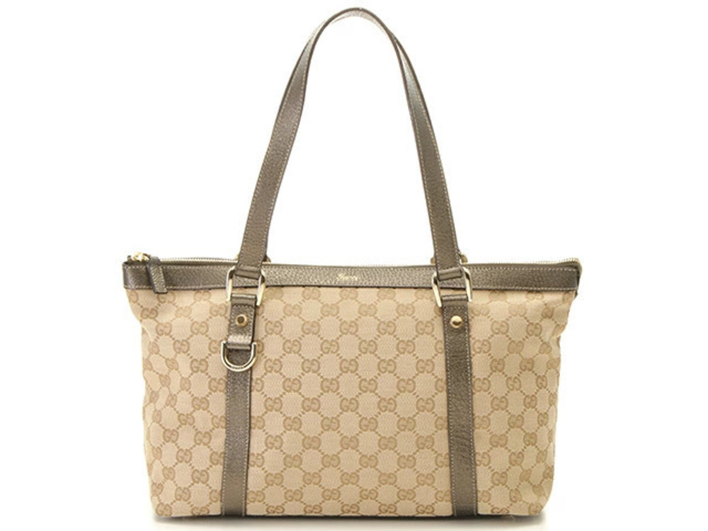 Gucci GG Tote Bag Canvas Leather Beige Cream Metallic